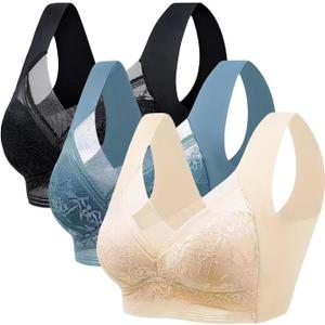3pcs Set Wireless Bras for Women Floral Lace Full Coverage Bralettes Soft Breathable Support Wirefree Women's Everyday Bras (X-Large, Black+skin+blue)