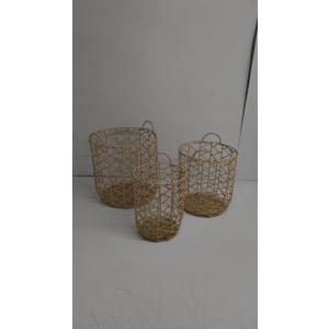 Better Homes & Gardens Large Natural Poly Rattan Open Weave Round Basket, Beige Set of 3 Pack