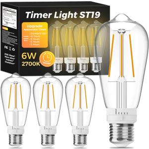 ST19 Timer Light Bulb 4 Pack: Vintage Edison LED Bulbs with Built-in Timer, 3H/6H/9H/12H Auto Modes, Warm White 2700K 600lm, E26 Base, No WiFi, Energy Saving Indoor/Outdoor Porch & Patio Light