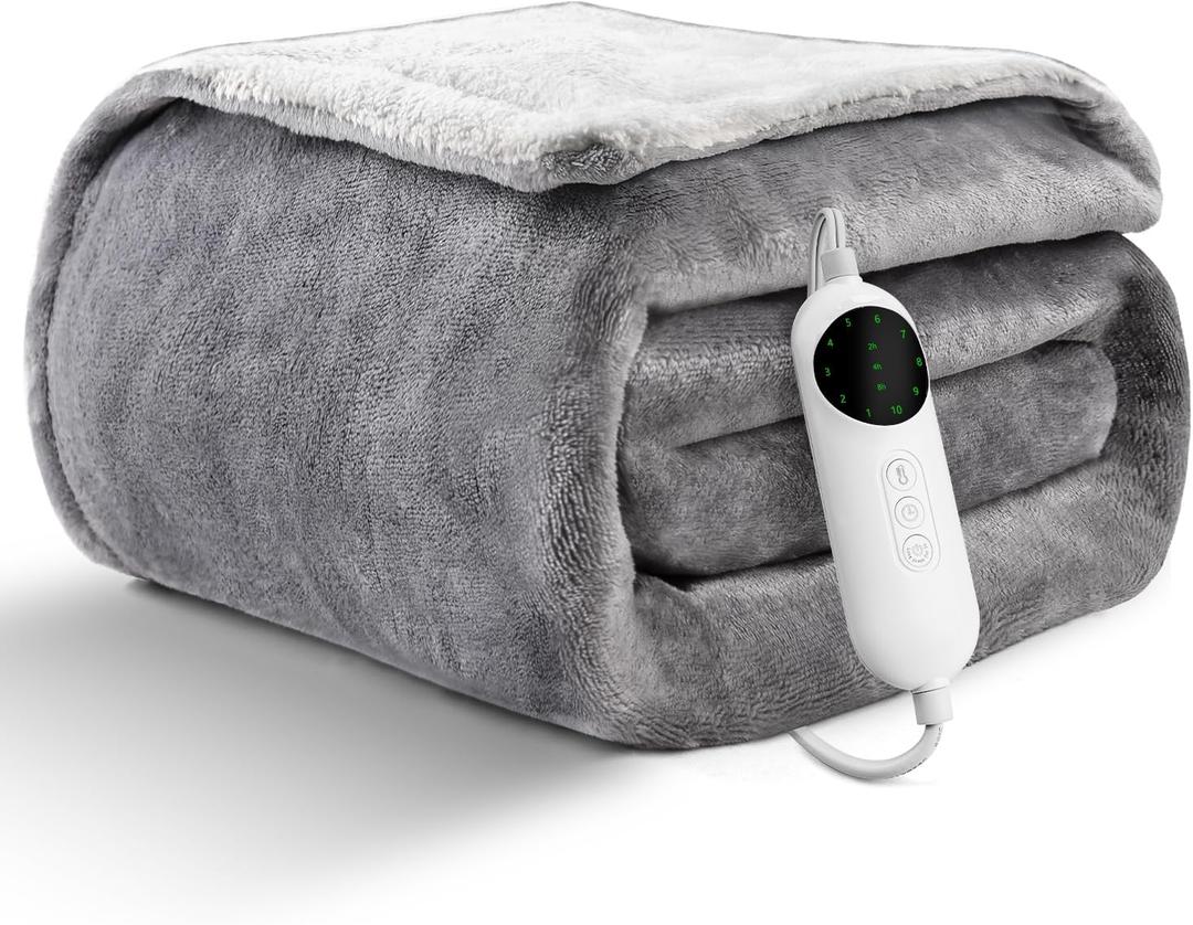 Heated Blanket Electric Throw, 50"60" Heated Blanket Throw - Flannel Grey Throw Blanket with 2-8H Time Settings for Bed & Office, Washable Housewarming Gift for Adults & Kids & Pets