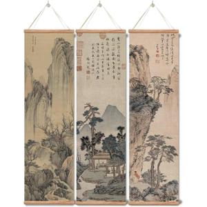 xinyuru Chinese Ancient Landscape Wall Art Poster,Tradition Canvas Printing,Oak Wood Scroll Painting Decor for Bedroom Living room (Landscape 01, 12x41x3 Piece)