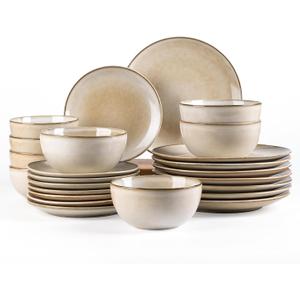 AmorArc Stoneware Dinnerware Sets for 8, 24 Pieces Handpainted Ceramic Plates and Bowls Set, Scratch Resistant Dishes Set, Dishwasher & Microwave Safe, Cappuccino