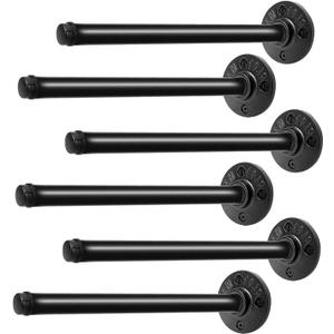 Pipe Shelf Brackets 10 Inch, Industrial Black Metal Wall Pipe Floating Shelf Bracket Heavy Duty Decorative Shelving Brackets for Wood Shelves, Rustic Farmhouse Vintage Style - 6 Pack