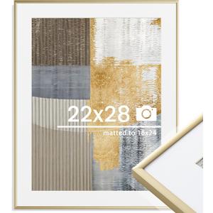 22x28 inch Metal Poster Frame - 22 x 28 Thin Aluminum Picture Frames Matted for 18x24 Photos, Artworks, Prints, Puzzle - High Definition Plexiglass - Vertical and Horizontal Display - Wall Hook Hanging Hardware Included - Gold, Set of 1 (22x28in, 1Pack)
