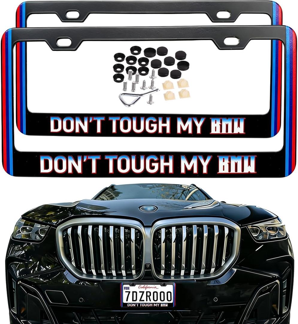 License Plate Frames Cover Compatible with BMW Exterior Accessories, Aluminum Frame Holder Front and Back 2 pcs Pack, m-Tricolor Vertical Stripes with Text Don't Tough MYBMW