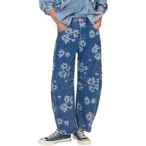 loveimgs Women Y2k Distressed Barrel Jeans Baggy Wide Leg Jeans Floral Printed Boyfriend Patchwork Denim Pants (Blue, XXL)