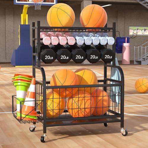 Azheruol Ball Storage Rack Multifunctional Sports Equipment Organizer Rolling Sports Ball Storage Cart,Garage Ball Storage for Sports Gear and Toys, Removable Home Gym Organizer Small