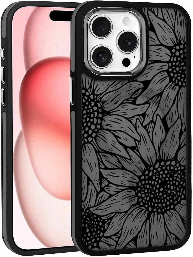 Case for iPhone 14 13 Design On Matte Black Base,Compatible with MagSafe,Slim Protective Bumper,Magnetic for Women Girls Case for iPhone 14 13-Black Sunflower Floral Black