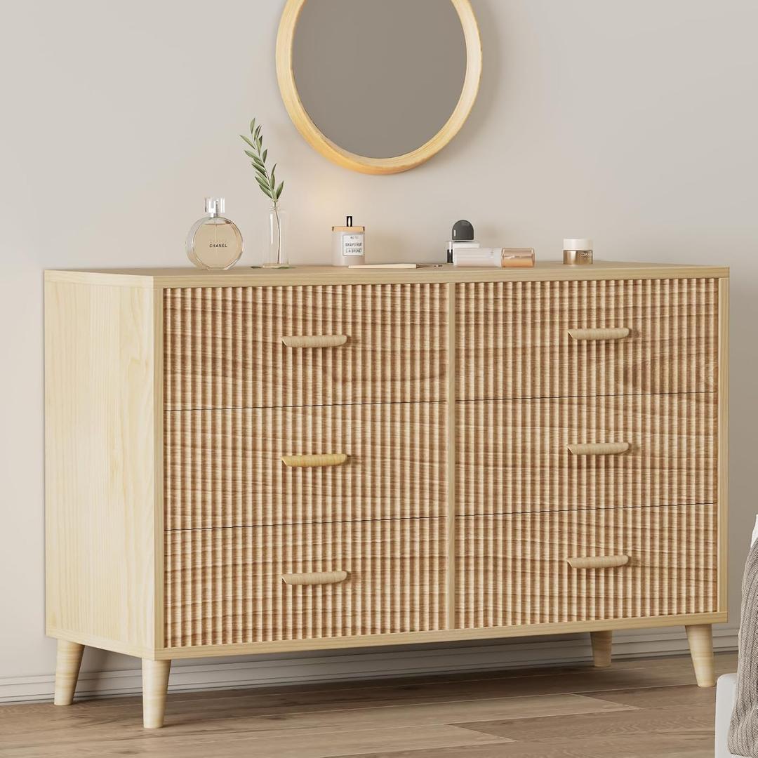 Wooden Fluted Dresser for Bedroom,Modern Wide Chest of 6 Drawers Dressers for Bedroom Furniture,Fabric Drawer Dresser with Storage, Easy to Assemble Dressers for Living Room,Hallway-A4-M