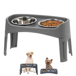 IRIS USA Elevated Dog Bowls, Adjustable Height, 2 Thick 64 oz Stainless Steel Bowls, Spill-Proof with Raised Outer Rim, Durable Made in USA Plastic, Easy Assemble, 2 Heights 4.63" or 12.25" Dark Gray