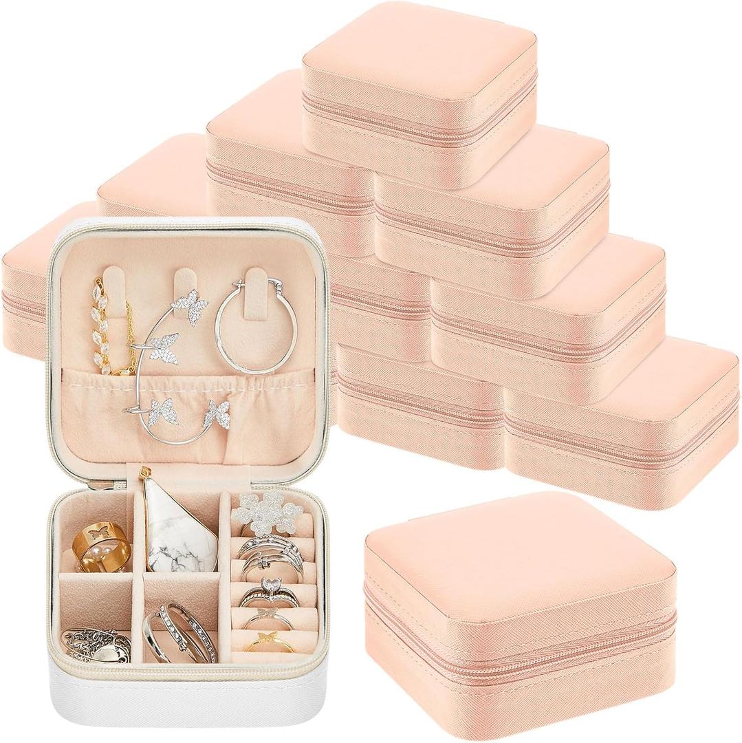 Taiyin Travel Jewelry Case, Bridesmaid Gifts Mini Jewelry Organizer, PU Leather Portable Earring Box for Women Girls (White, Pink)