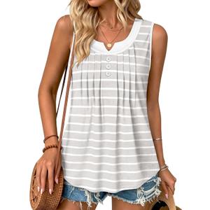 Summer Tops for Women 2026 Trendy Pleated Front Striped Tank Top Curved Hem Flowy Sleeveless Shirts (Gray, M)