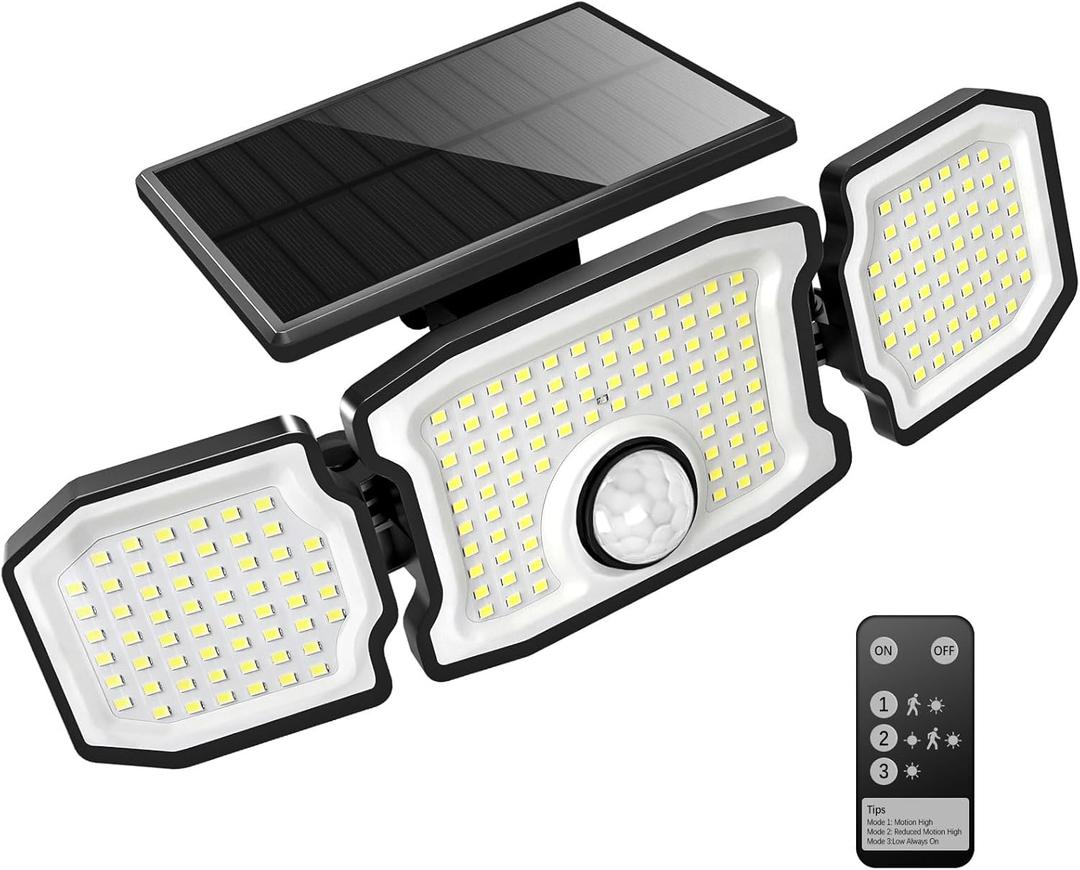 Solar Lights Outdoor Waterproof- 2800LM 200LED Solar Motion Sensor Lights, 3 Heads & 3 Modes Flood Lights, 270 Wide Angle Solar Powered Security Lights for Yard(1 Pack) (Black)