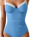 B2prity Women's Underwire One Piece Swimsuits Tummy Control Bathing Suits Push Up Swim Suit Color Block Swimwear (X-Large, Light Blue, White)