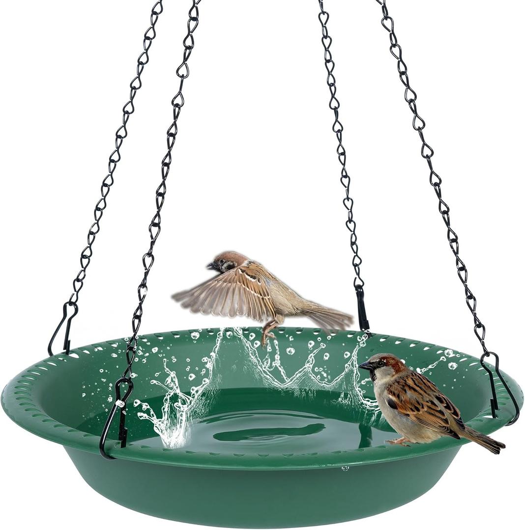 OVZILKI Bird Bath for Outside Heavy Duty, 14 inch BirdBath Bowl Only with Rust-Proof Black Chains for Outdoor, Hanging Bird Bath Hanging Bird-Feeder for Garden Backyard Decor (Green 1 Pack)