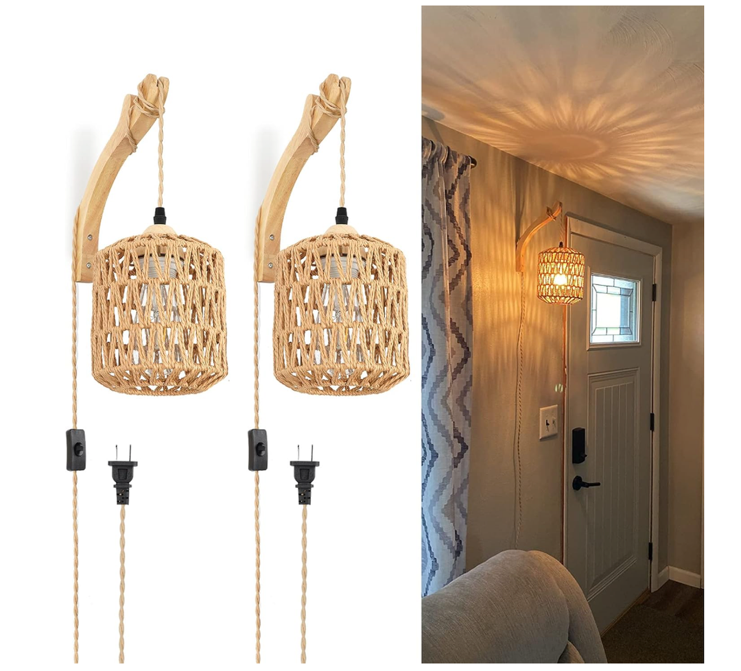 Frideko Plug in Wall Sconces Set of Two Hand Woven Lamp with Cord Rattan Lights Farmhouse Sconce Mounted Light Boho Lighting for Bedroom Living Room