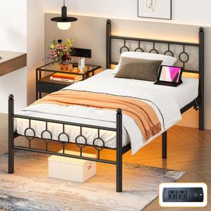 Twin Bed Frames with Headboard, LED Bed Frame with Charging Station, Metal Platform, Under-Bed Storage, No Box Spring Needed, Noise Free, Easy Assembly, Black