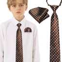 Barry.Wang Pre-Tied for Boys Solid Neckties and Pocket Square Set Adjustable Ties 15'' Teenager School Graduation Performance (Brown Polka Dots)