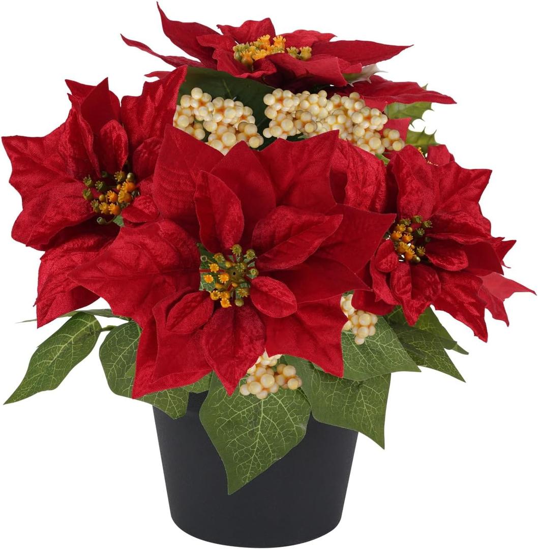 Fake Poinsettia Plants with White Berry 14 Inch Red Poinsettias Artificial Christmas Flowers in Pot for Home Porch Garden Office Indoor Outdoor Christmas Decorations