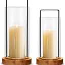 Houmury Set of 2 Hurricane Candle Holders Lantern 12 & 10with Wood Base Metal Handle Glass Cylinder Modern Farmhouse Decor for Home Decoration, Table Centerpieces (Warm Amber Brown)