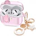 (with Safety Lock) Clear Case Compatible with Cute Apple Airpods 4 Cases 2024 Women, VISOOM Soft TPU Transparency Air pods 4 Gen Cases iPods 4 Earbuds Case Girl Bling Keychain for Airpod iPod 4th Gen, Pink