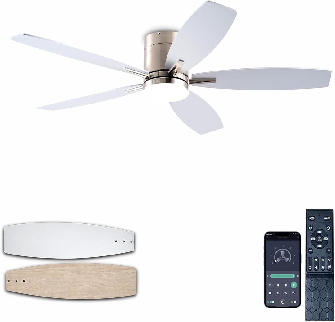 Ceiling Fans with Lights, 52" Low Profile Indoor Ceiling Fan with Light and Remote Control, Dimmable, Noiseless, Reversible, Nickel Ceiling Fan for Bedroom, Indoor/Outdoor Use