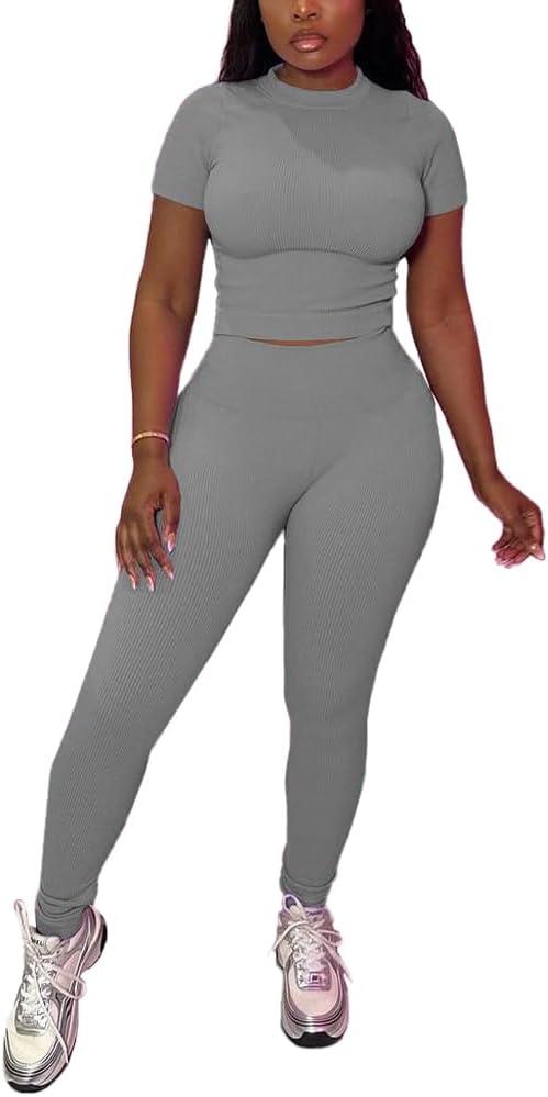 HBQ Women Two Piece Outfits Workout Sets Ribbed Casual Jogging Suits Short Sleeve Tracksuits (Small, Dark Grey)