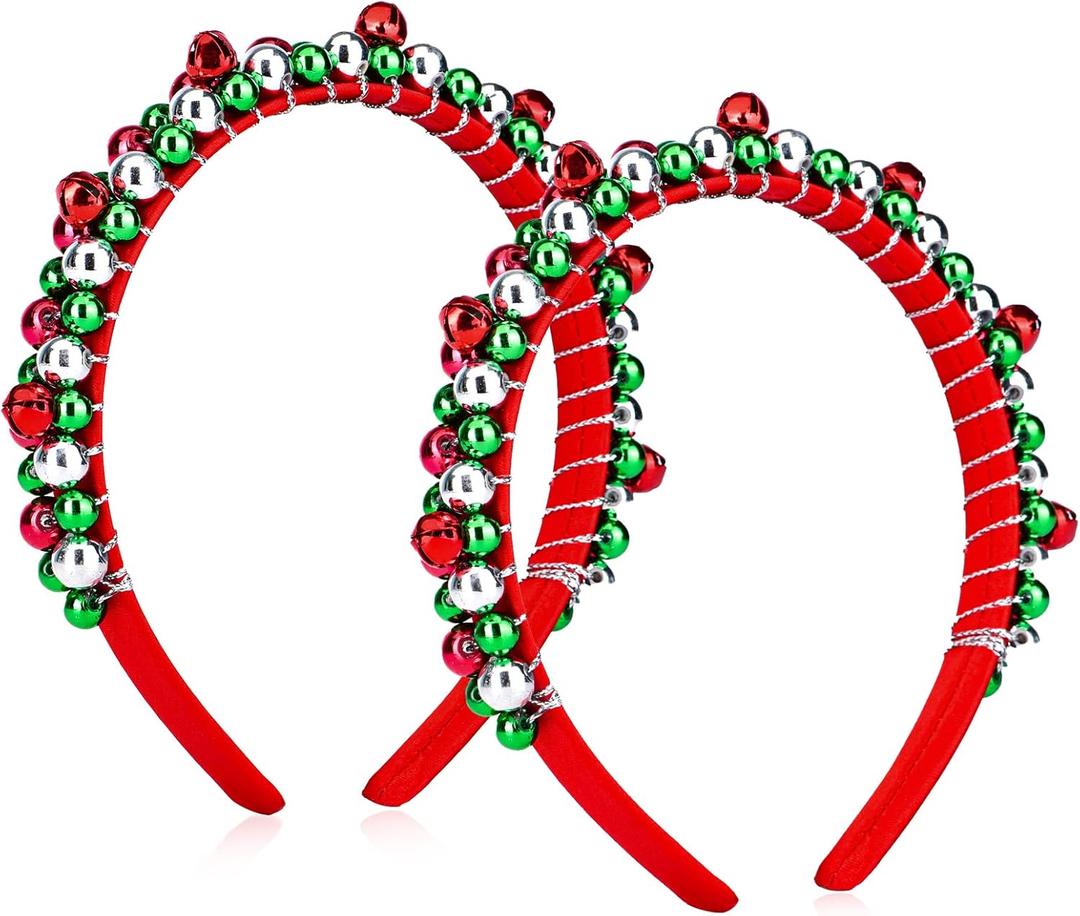 2 Pack Christmas Headband Christmas Bell Hairband Girls Headbands Red Green Silver Hair Accessories