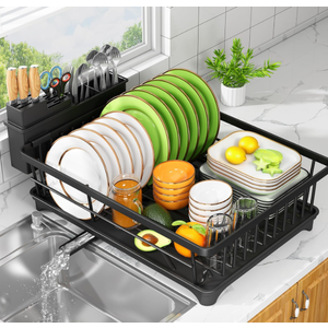 Kmiectse Dish Drying Rack  SpaceSaving Small Dish Rack for Kitchen Counter, RustResistant Kitchen Drying Rack, Compact Dish Drainer Organizer with Utensil Holder for Home Kitchen, Black