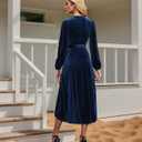 Women's Velvet V Neck Puff Sleeve Dress for Wedding Guest Cocktail Elegant Bodycon Party Midi Dress (Blue, S)