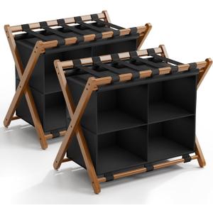 Bamboo Luggage Rack 2 Pack with 4 Storage Compartments, Foldable Suitcase Stand for Guest Room, 150lbs Capacity, Sturdy, Space-Saving and Easy to Assemble Organizer