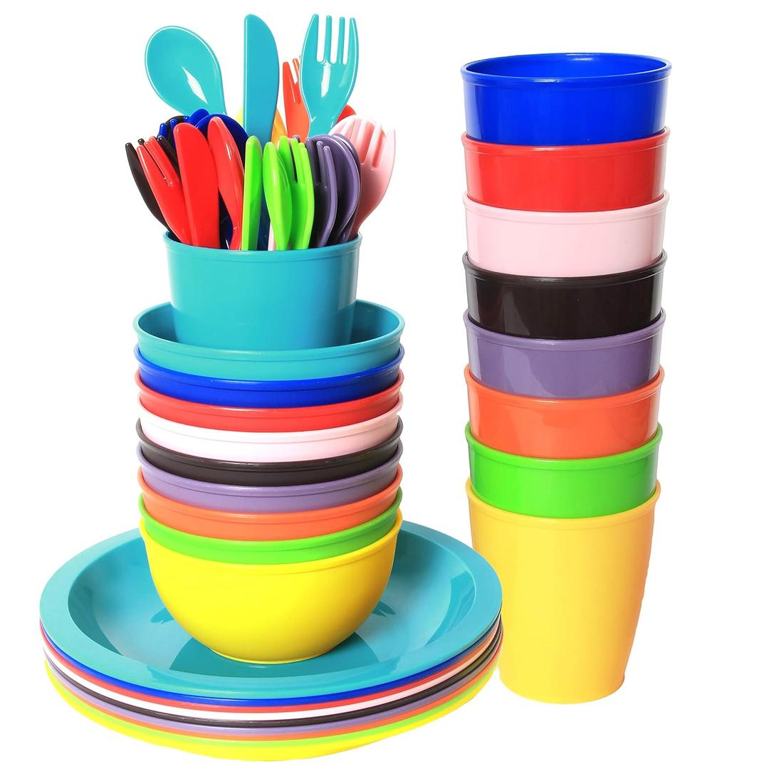 Youngever 54 Pcs Plastic Kids Dinnerware Set of 9 in Assorted Colors, Toddler Dining Set, Cups, Plates, Bowls, Flatware Set, Dishes