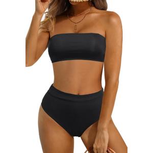 Tempt Me Women Bandeau Bikini Set Strapless Two Piece Sexy Swimsuit High Waisted High Cut Bathing Suits Cheeky Swimwear (Large, Black)