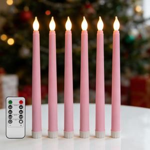 Pink Flameless Taper Candles with Remote, Battery Powered Halloween LED Candlesticks Set of 6