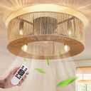 24 Inch Boho Ceiling Fan with Light & Remote, Rattan Caged