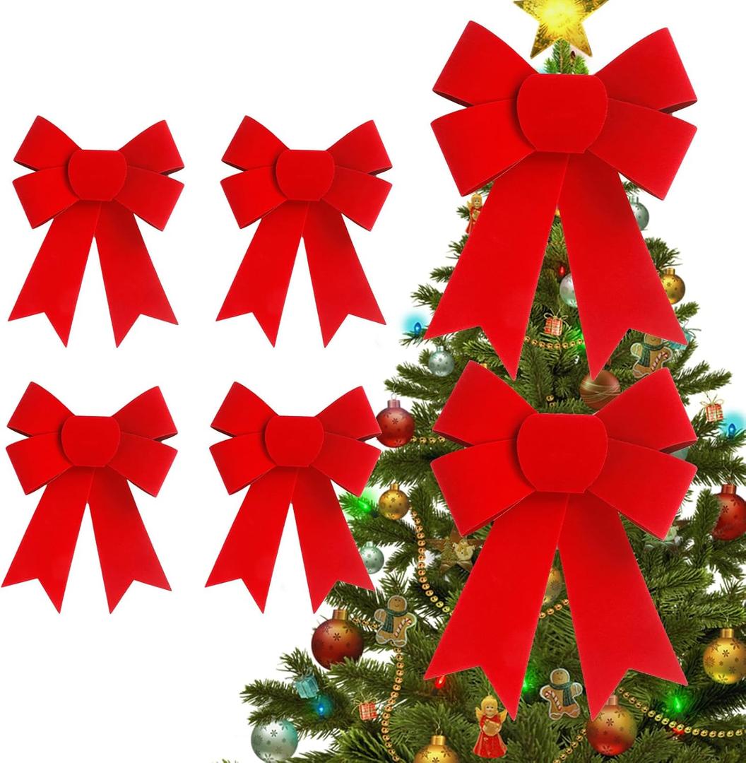 6 PCS 9x12 Inches Large Red Christmas Bows - Velvet & PVC Hanging Decorations for Xmas Tree, Wreath, Fence, Fireplace, Stairs, Indoor Outdoor Holiday Party Home Decor (Red 1, 6 PCS)