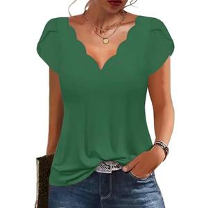 Womens Summer Tops Seashell Edge V Neck Shirts Petal Short Sleeve Top Dressy Casual Tunic Blouses, L