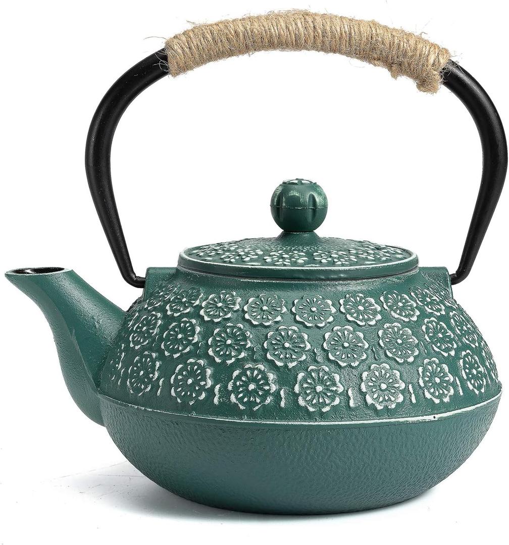 Sotya Cast Iron Teapot, 30oz/900ml Japanese Tetsubin Tea Pot with Infuser for Loose Leaf and Tea Bags, Tea Kettle Coated with Enameled Interior for Stove Top, Dark Green