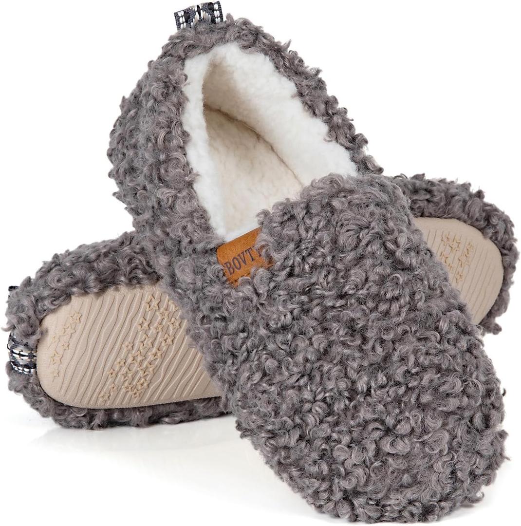 Women's Soft Curly Full Slippers - Memory Foam House Shoes Cozy Loafer with Polar Fleece Lining Indoor Lightweight House Slip-on (Gray)