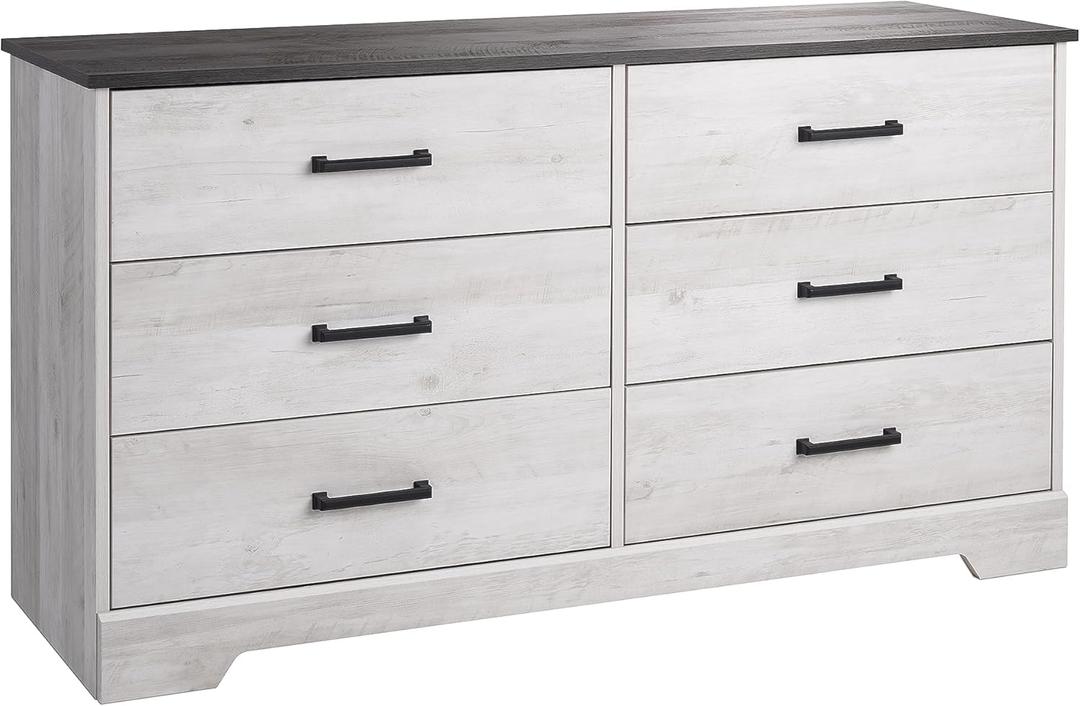 Prepac Rustic Ridge Farmhouse 6-Drawer Double Dresser, Washed White Dresser for Bedroom, Chest of Drawers with 6 Storage Drawers, 53.25 wide x 18.25 deep x 28.5 tall, Washed White