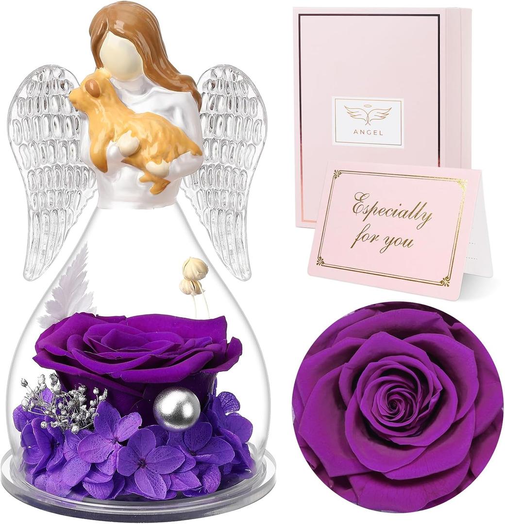Sunia Memorial Dog Gift - Glass Angel & Dog Figurine with Real Preserved Rose, Sympathy Gifts for,Mothers Day Christmas Birthday Gift for Women Mom