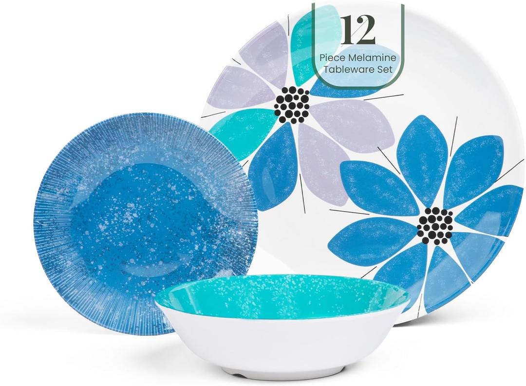 Larder & Vine 12-Piece Melamine Dinnerware Set: Durable, Lightweight, Break-Resistant Plates & Bowls Stylish, Non-Toxic, Dishwasher Safe Ideal for Everyday Use, Indoor & Outdoor Dining Floral