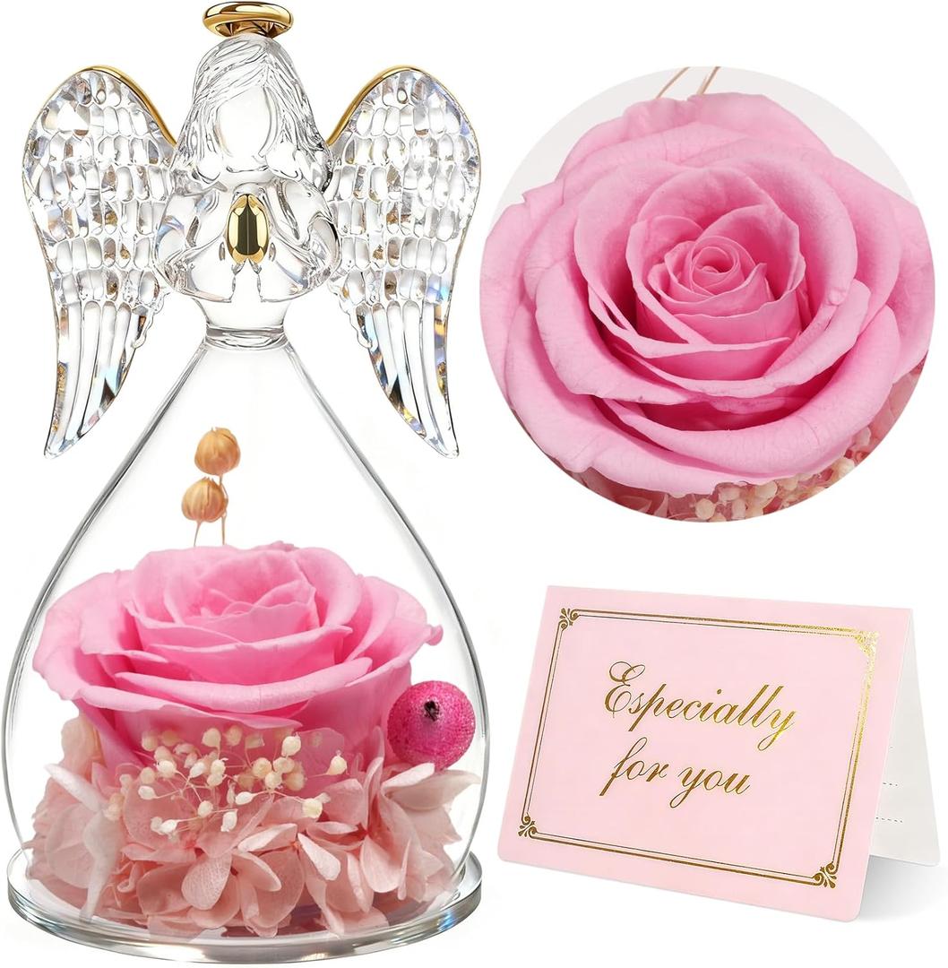 Yamonic Mom Birthday Gifts for Mom, Angel Figurines with Real Rose Gifts for Her Mom Grandma,Preserved Flowers Rose Angel Figurines for Mothers Day Christmas Anniversary Birthday Gifts for Her (Pink)