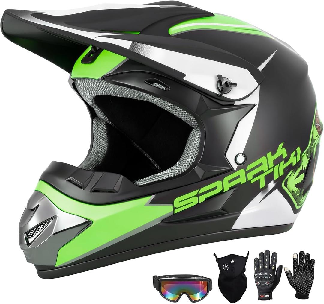 Youth Kids Dirt Bike Motocross Helmet (Goggles Gloves Face Mask) 4PCS Set, DOT Approved Boys Girls Full Face Motorcycle Helmets, ATV BMX MX Mountain Bike Off Road Kid Helmet (Green, L)