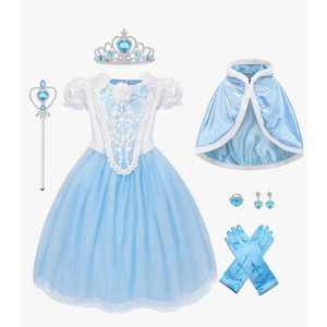Elsa Princess Dress Costume for Girls Halloween Cosplay Cinderella Princess Dress Up Birthday Outfit with Hodded Cape,3-4 y
