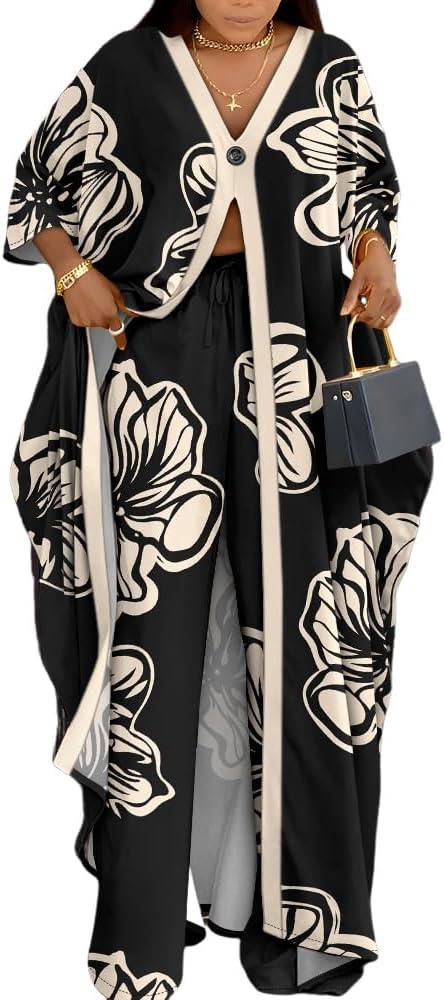 CHICME Women's 2 Piece Outfits Abstract Print Batwing Sleeve V Neck Top with High Slit and Loose Wide Leg Pants Set (X-Large)
