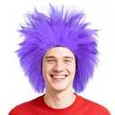 ANOGOL Hair Cap+ Purple Crazy Wig, Unique Spiky Funny Wigs, Short Crazy Hair, Funky Fuzzy Wigs, Wigs for Clowns, Short Purple Wig for Anime Cosplay, Halloween Costume Party Outfit