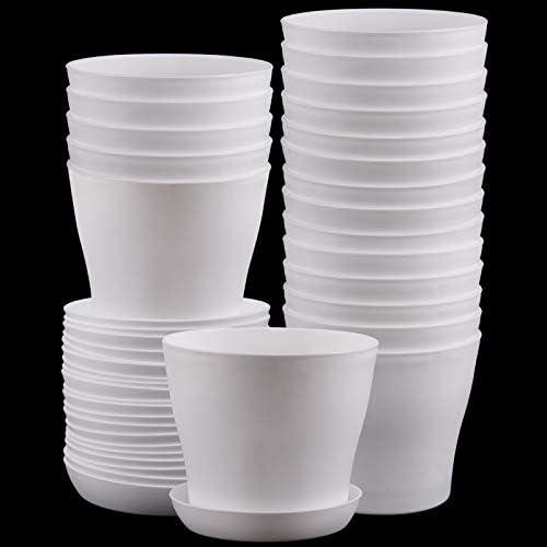 ZEONHAK 20 Pack 5.5 Inches Plastic Planters with Saucers, Modern Decorative Flower Plant Pots, Decorative Gardening Pots with Drainage for Plants, Succulents, Seed Nursery, Flower, White