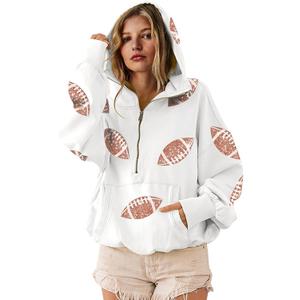 SeekMe Womens Game Day Sweatshirts Football Sequin Hoodies Tailgate Outfits Long Sleeve Zipper Sweaters with Pocket (Small, White)