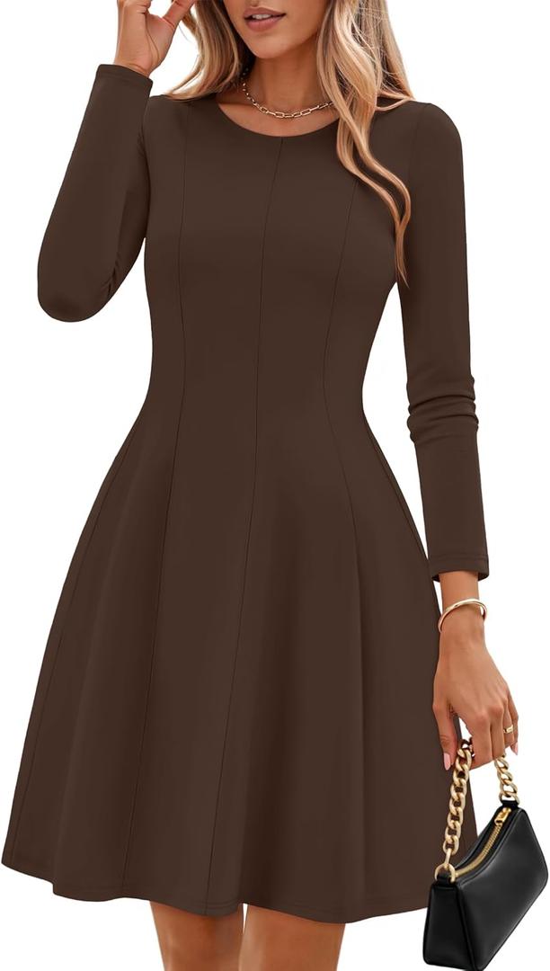 ZESICA Womens Long Sleeve Mini Dress 2026 Fall Crewneck Pleated Babydoll A Line Flowy Wedding Party Short Dresses (L)